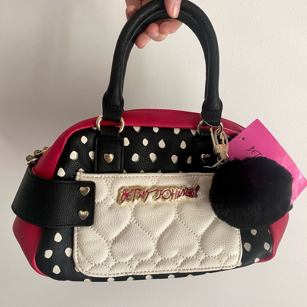 Red, Black, White Polka Dot Betsey Johnson Top Handle Bag with Bag Charm